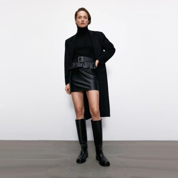 NWT Zara black faux leather ruffle mini skirt, L - Picture 1 of 10